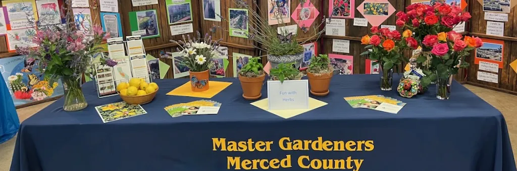 table with flowers and herb and Merced Master Gardener sign
